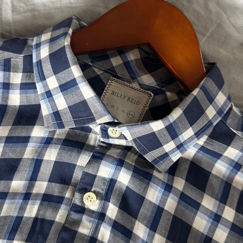 Billy Reid Men's Button-Down Shirt - Navy Blue and White Gingham Check, Size XXL